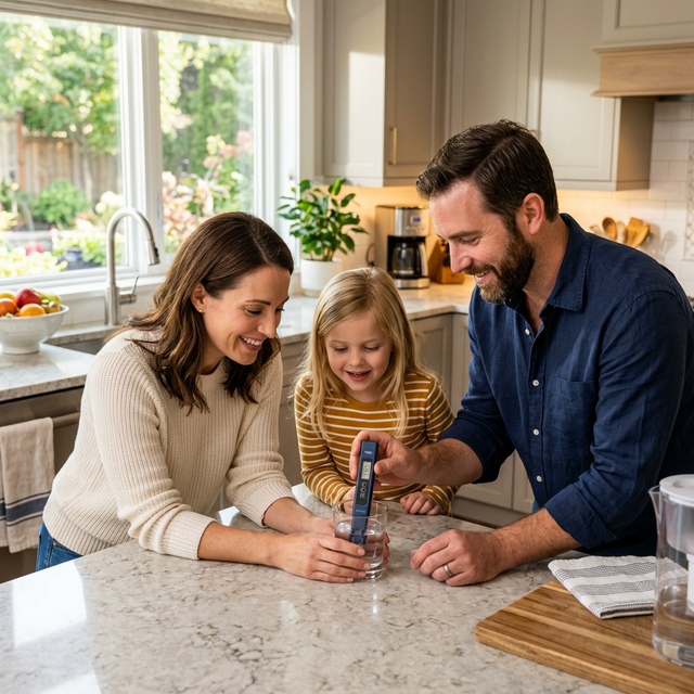 Familie testând apa cu un TDS metru